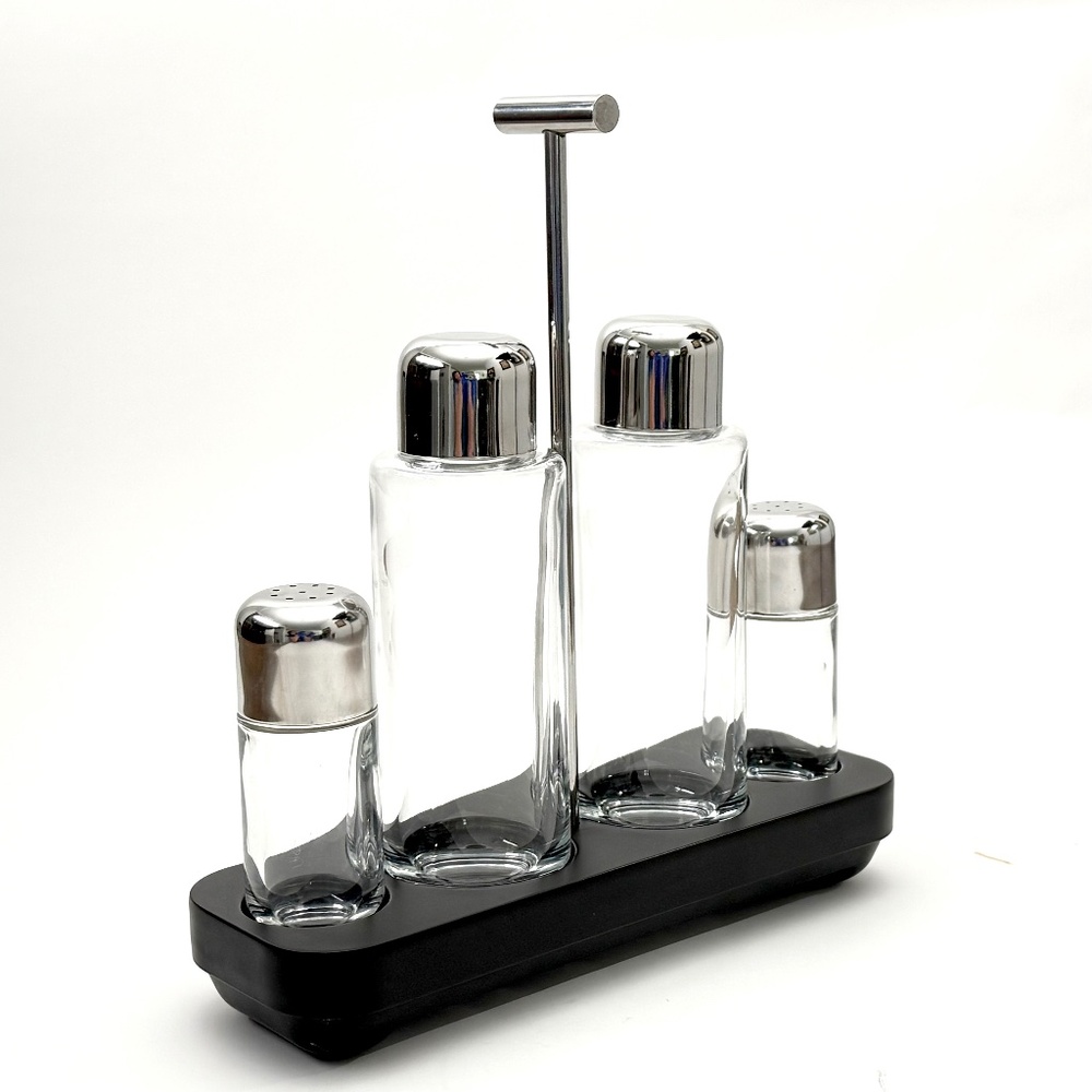 Alessi Programma 8 Condiment Set: oil,Vinegar,Salt,Pepper in 18/10 stainless